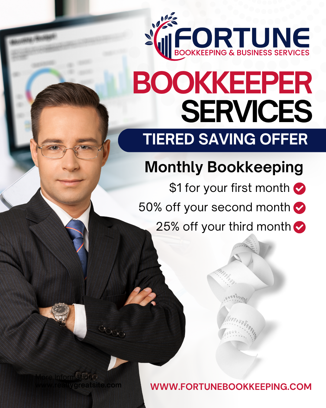 An advertisement for bookkeeper services with a man in a suit and tie