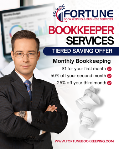 An advertisement for bookkeeper services with a man in a suit and tie