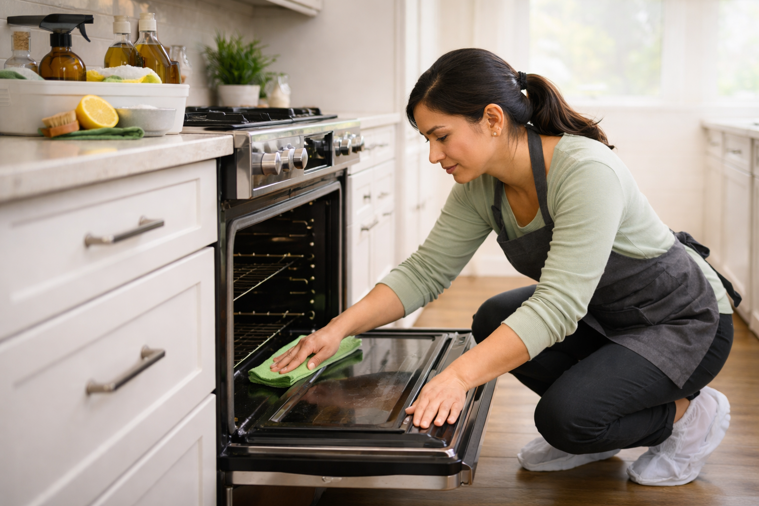 house cleaning service in Plano provided by a lady wearing an apron, cleaning the oven