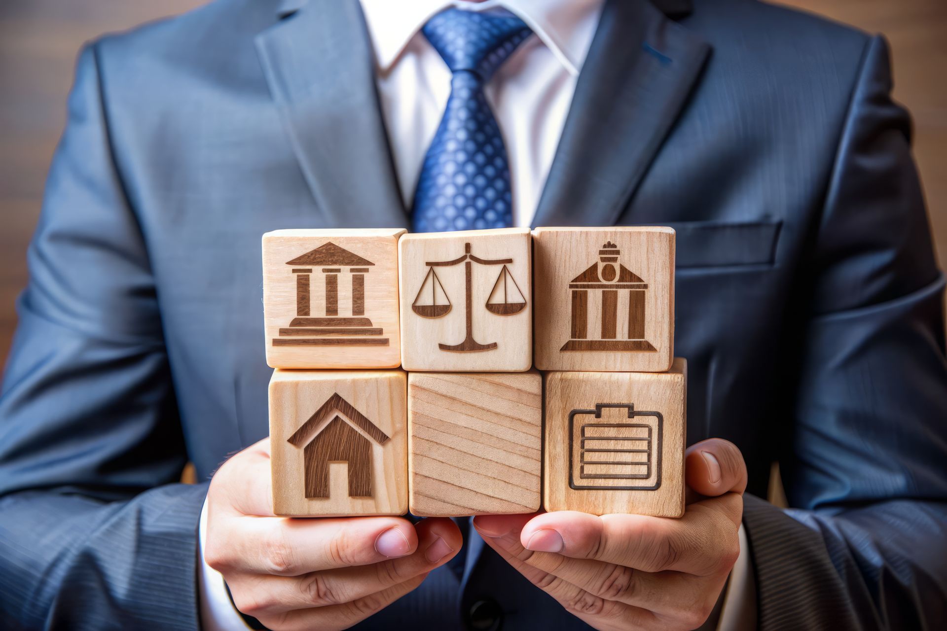 A man in a suit and tie is holding wooden blocks with icons on them.