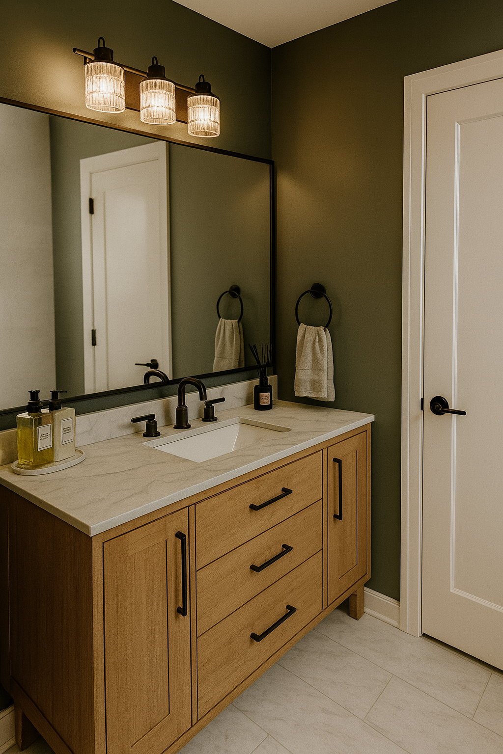 Bathroom with olive green walls, light wood vanity, black fixtures, and a large mirror.