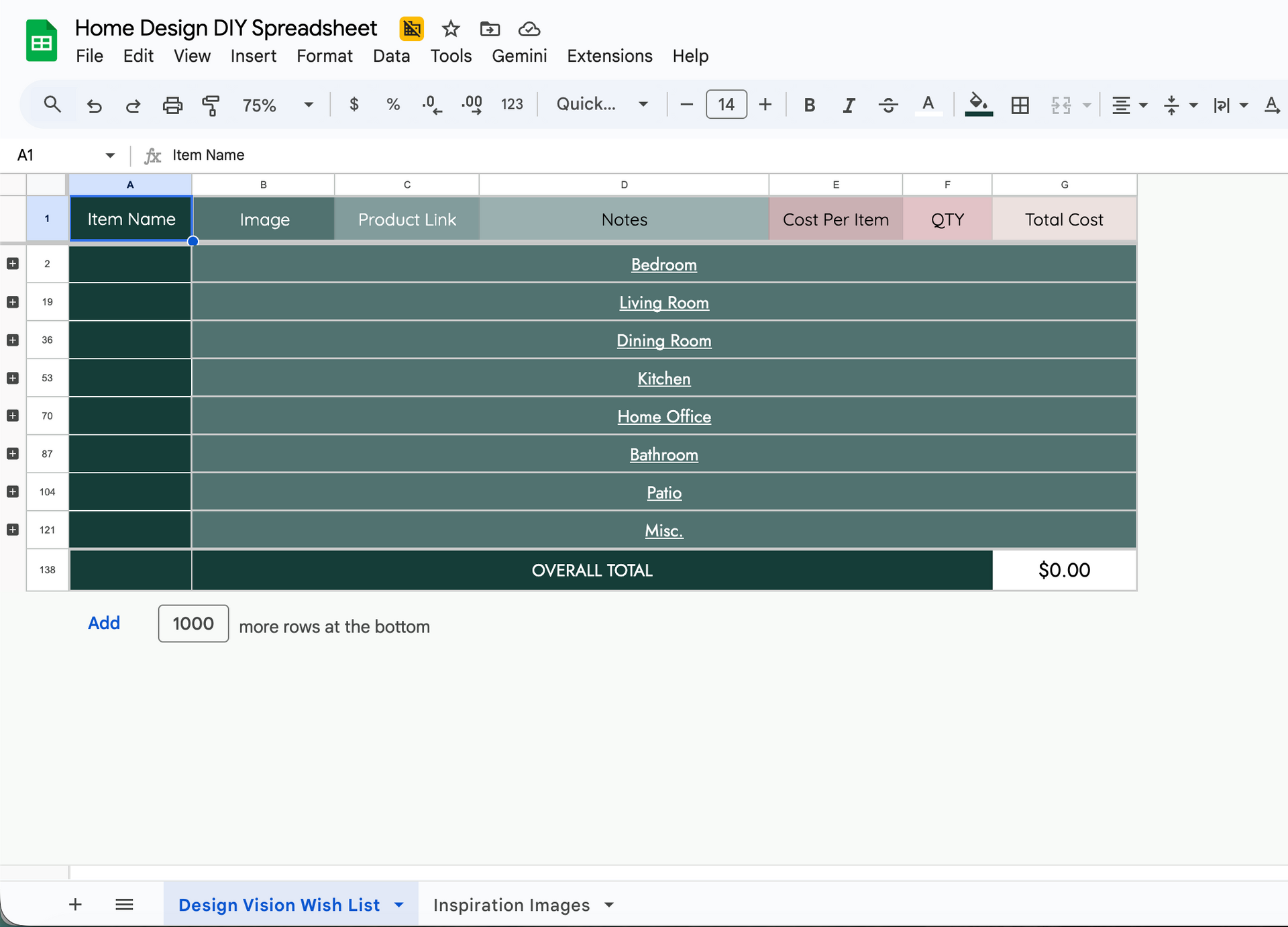 Home Design DIY Spreadsheet