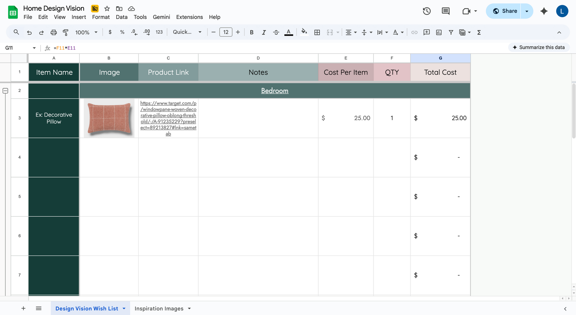 Spreadsheet with product details, including a pillow image and cost information.
