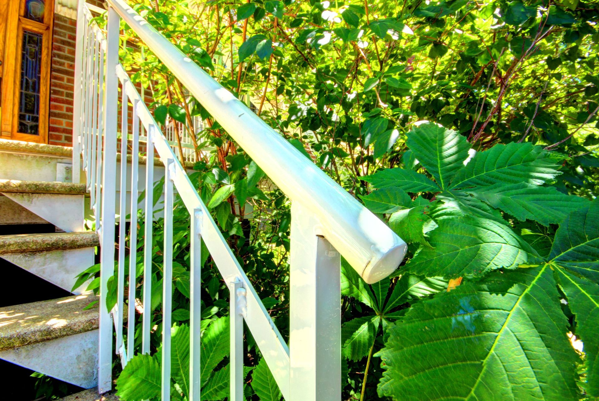 Une balustrade blanche sur un escalier avec des arbres en arrière-plan.