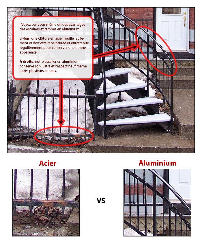 Un escalier avec un garde-corps en métal et un garde-corps en aluminium