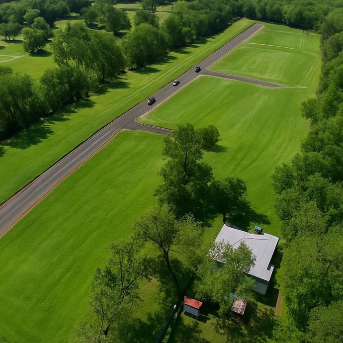 Aerial view of a rural road beside green fields and trees, with a small house near the bottom.
