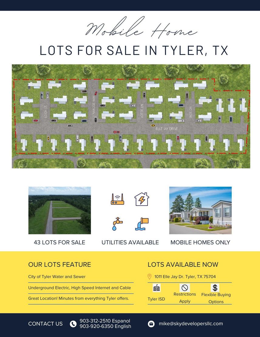 Flyer for lots for sale in Tyler, TX, with aerial mobile home park images and yellow feature boxes