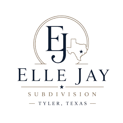 Elle Jay Subdivision logo with Texas outline and Tyler, Texas text in navy and gold