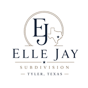 Elle Jay Subdivision logo with Texas outline and Tyler, Texas text in navy and gold