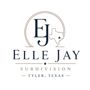 Elle Jay Subdivision logo with Texas outline and Tyler, Texas text in navy and gold