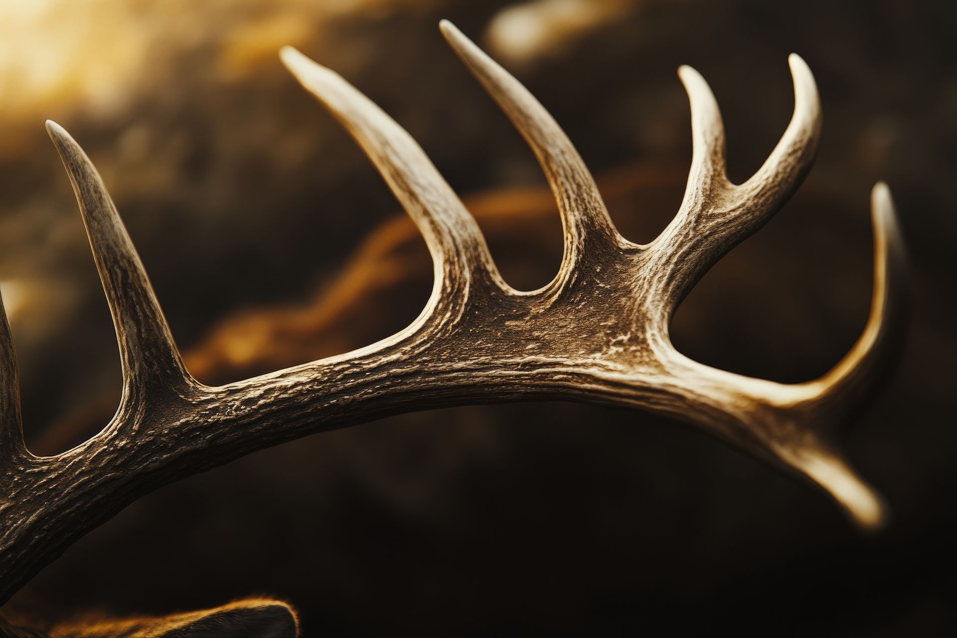 Antler of a deer, brown with multiple tines, in a blurred, dark setting.