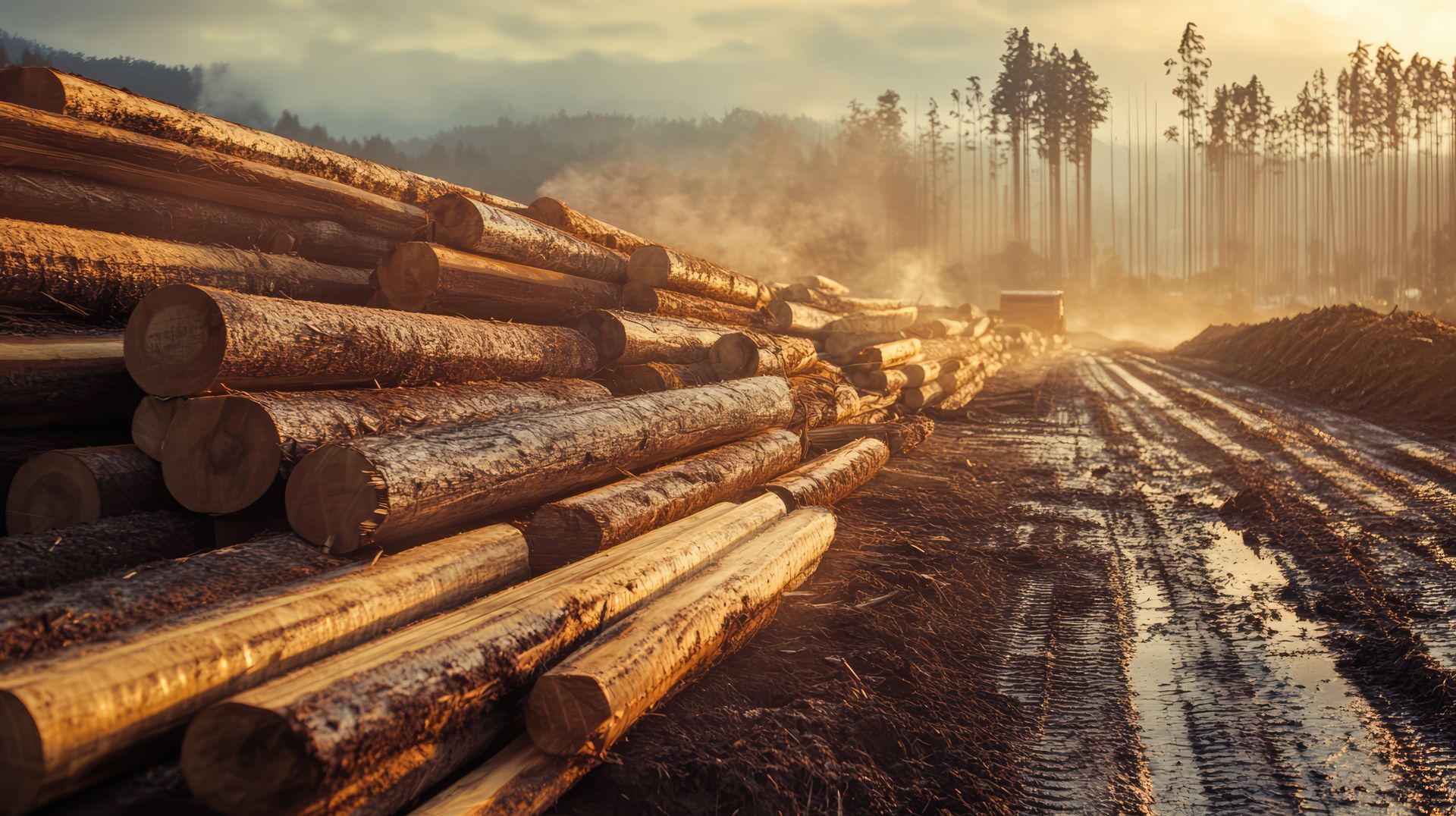 Logs piled in a forest clearing, bathed in golden sunlight, with a muddy road and distant trees.