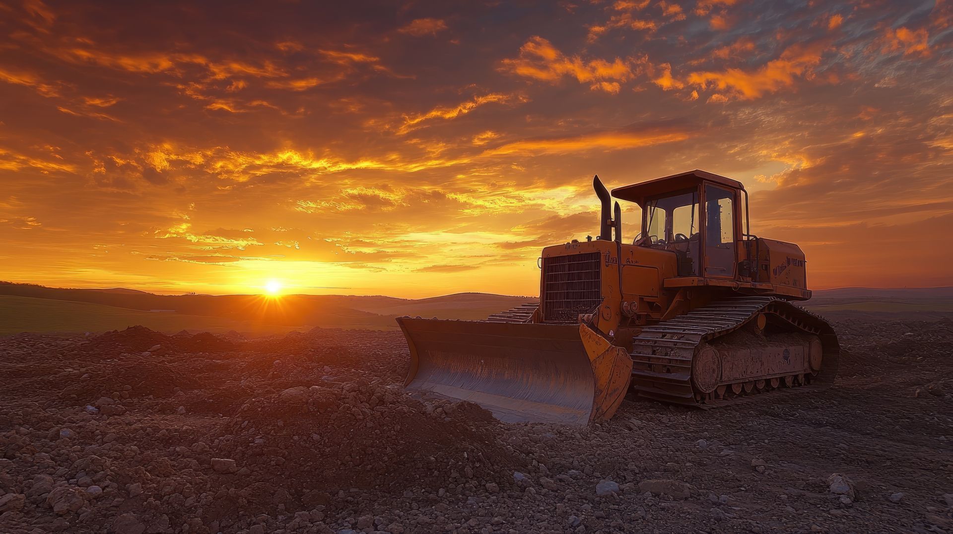 Dozer on a rocky field at sunset with an orange sky.
