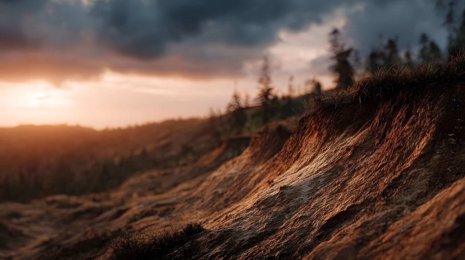Sunset over a textured, earthen cliff face with sparse vegetation. Dark, moody sky in the background.
