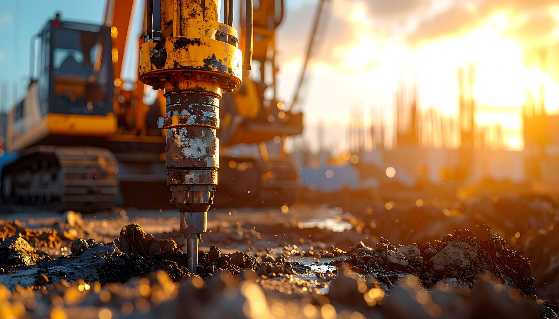 Heavy machinery drilling into soil at a construction site, golden sunset in background.