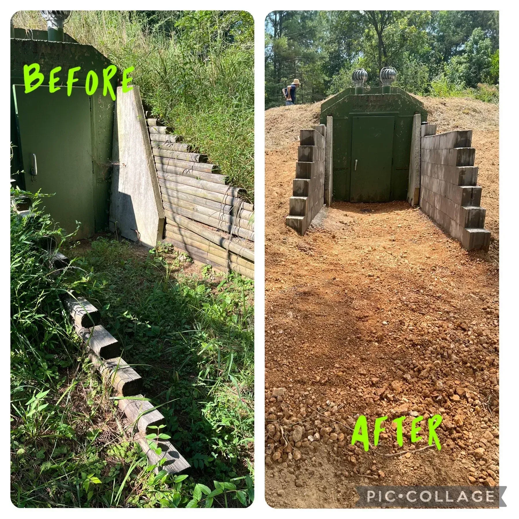 Before and after photos: Green bunker entrance overgrown with vegetation, then cleared and renovated with steps.