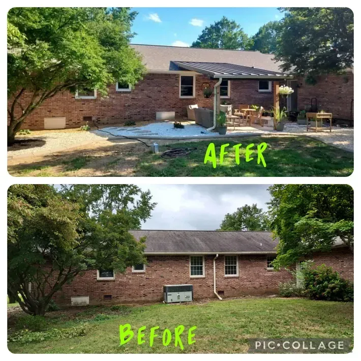 Side-by-side comparison of a brick house's backyard, showing a before and after renovation with a patio and pergola.