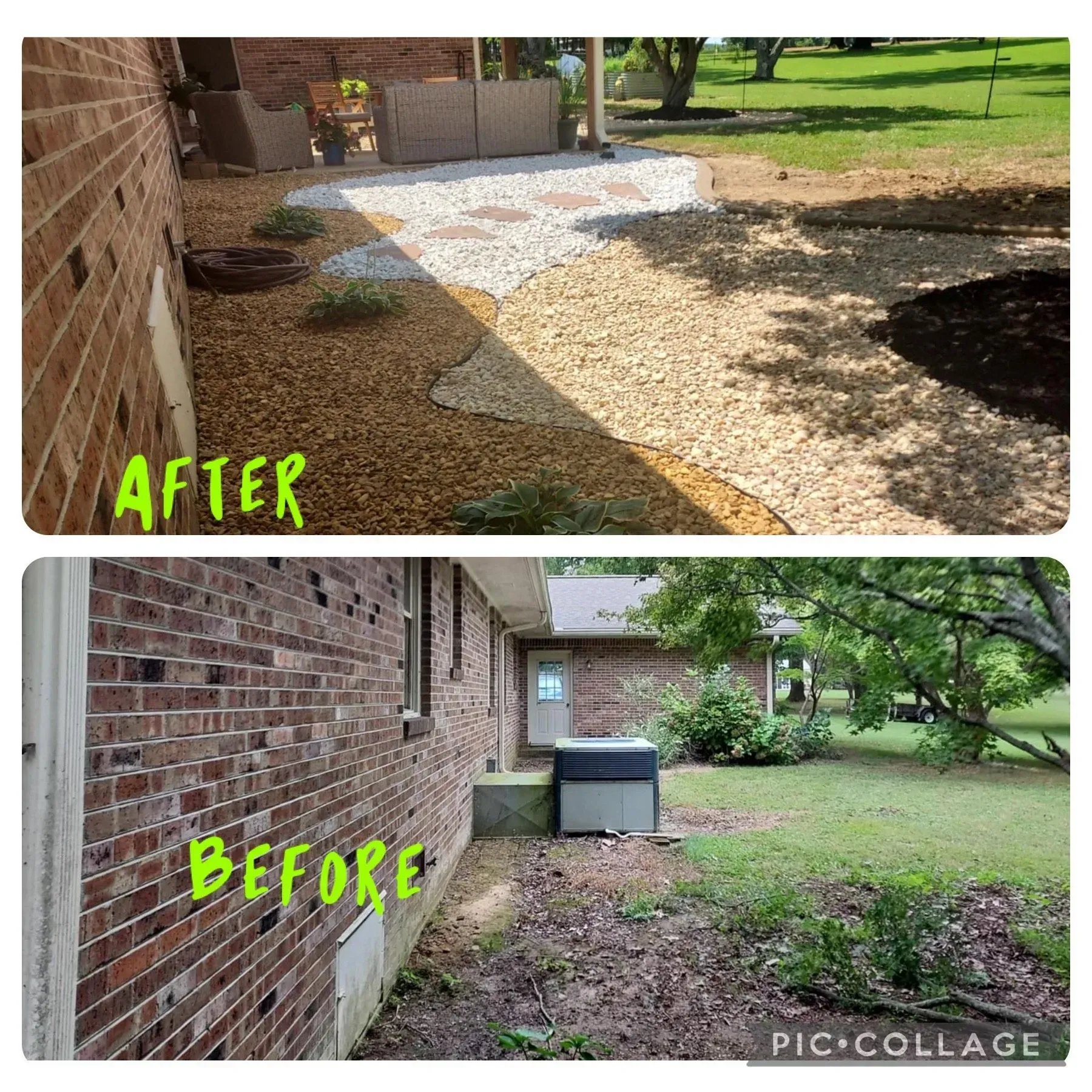 Before and after photos: a backyard with brick wall, gravel pathway, and landscaping.