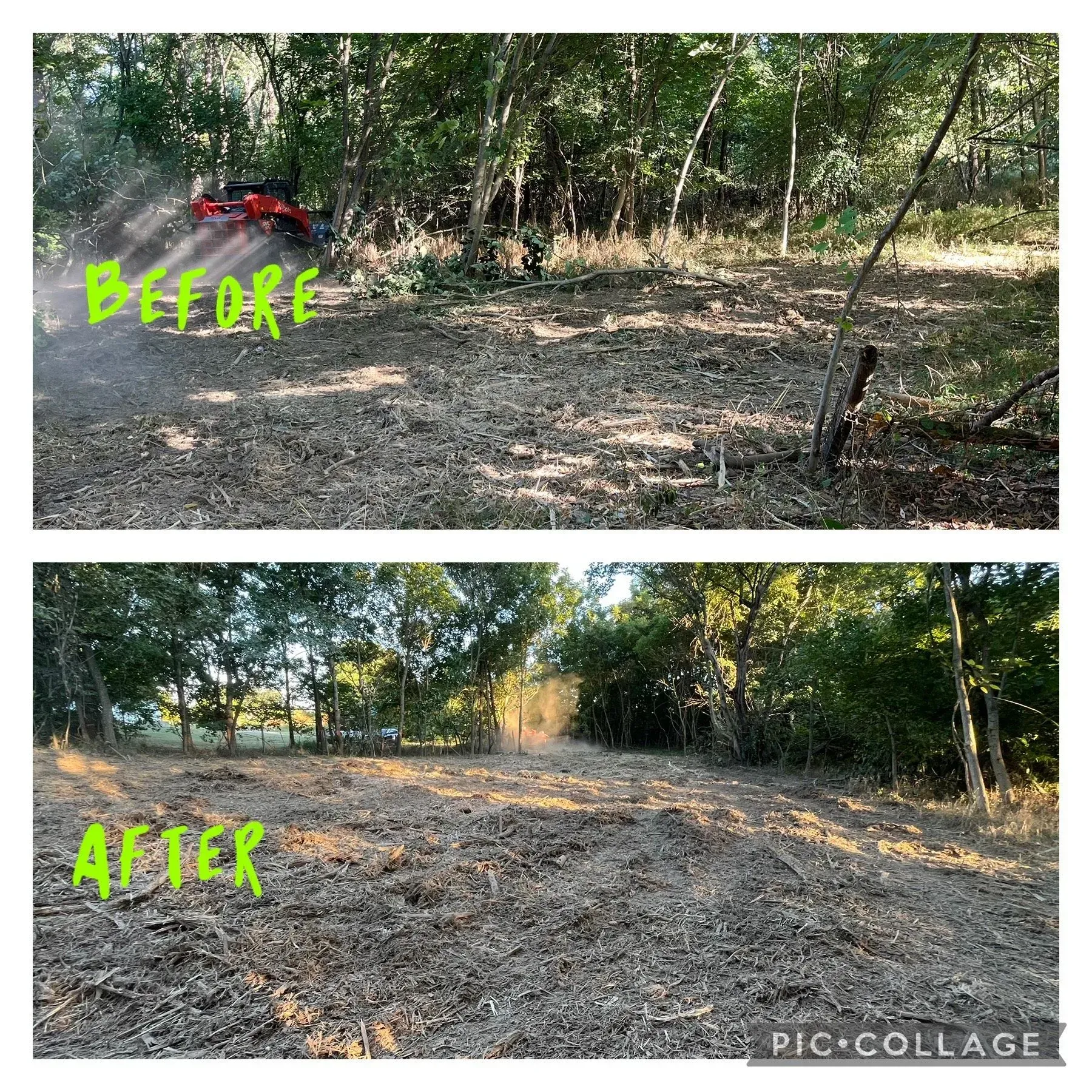 Before and after: Land clearing with machine in woods, and open area of debris.