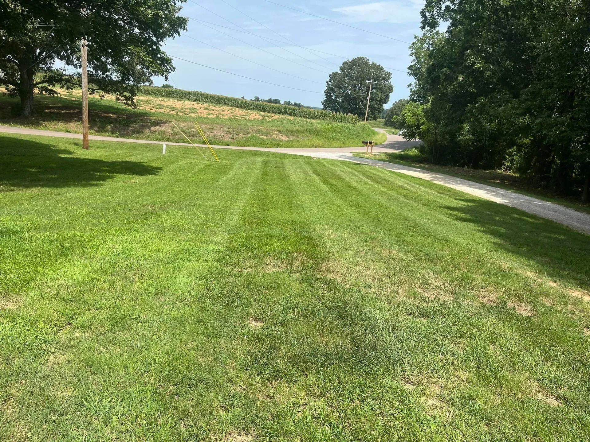 Mowed green lawn with stripes, next to a gravel driveway, trees and a hill in the background.