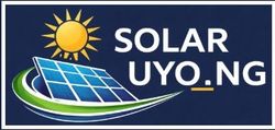 Solar Uyo.ng logo with sun and solar panel on blue background