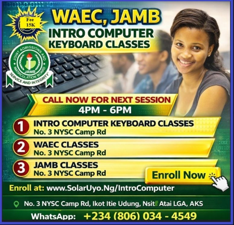 WAEC, JAMB intro computer keyboard classes flyer with smiling student and enrollment details, green and yellow background