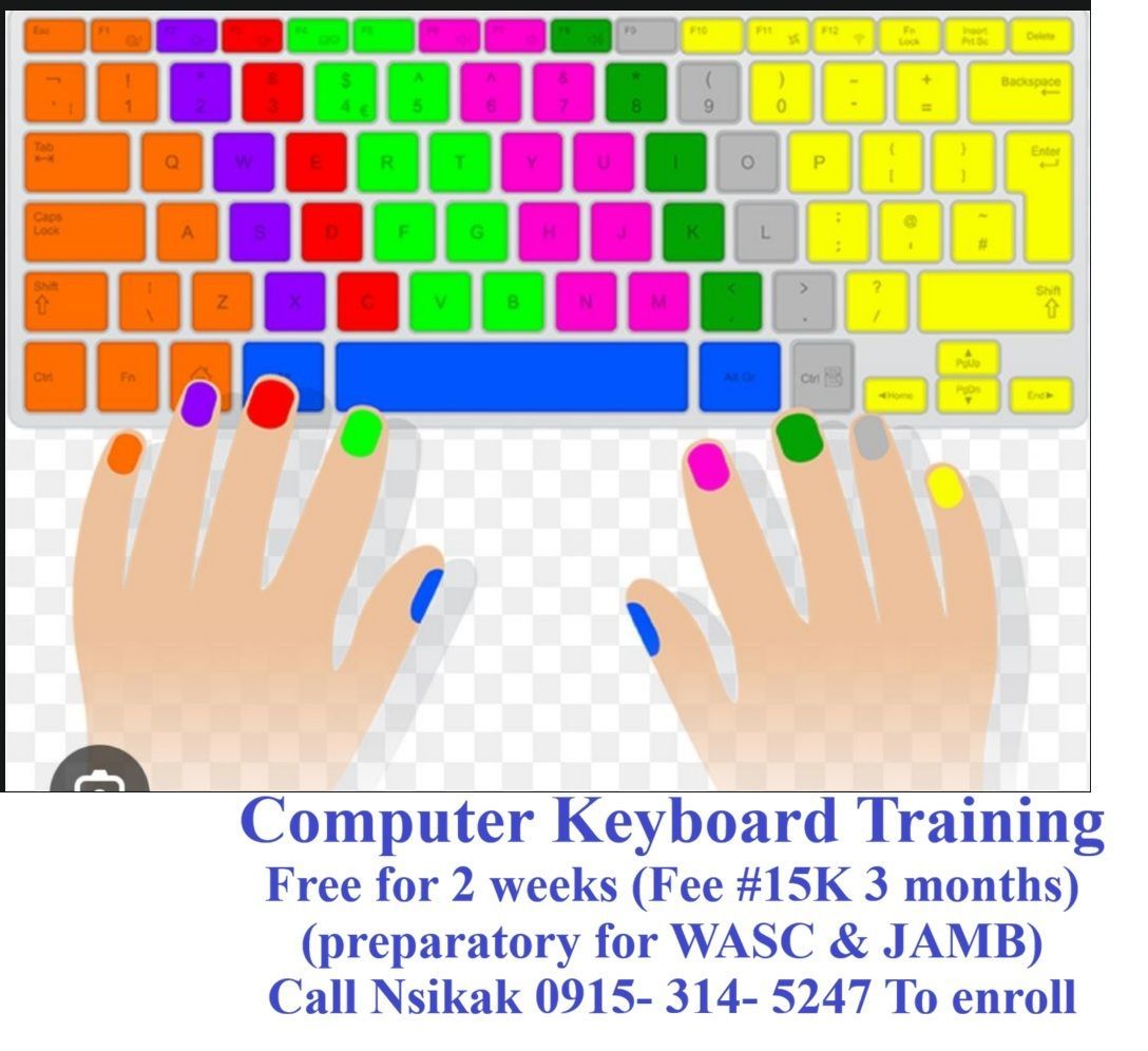 Colorful keyboard training poster with hands typing and class details for WASEC & JAMB prep