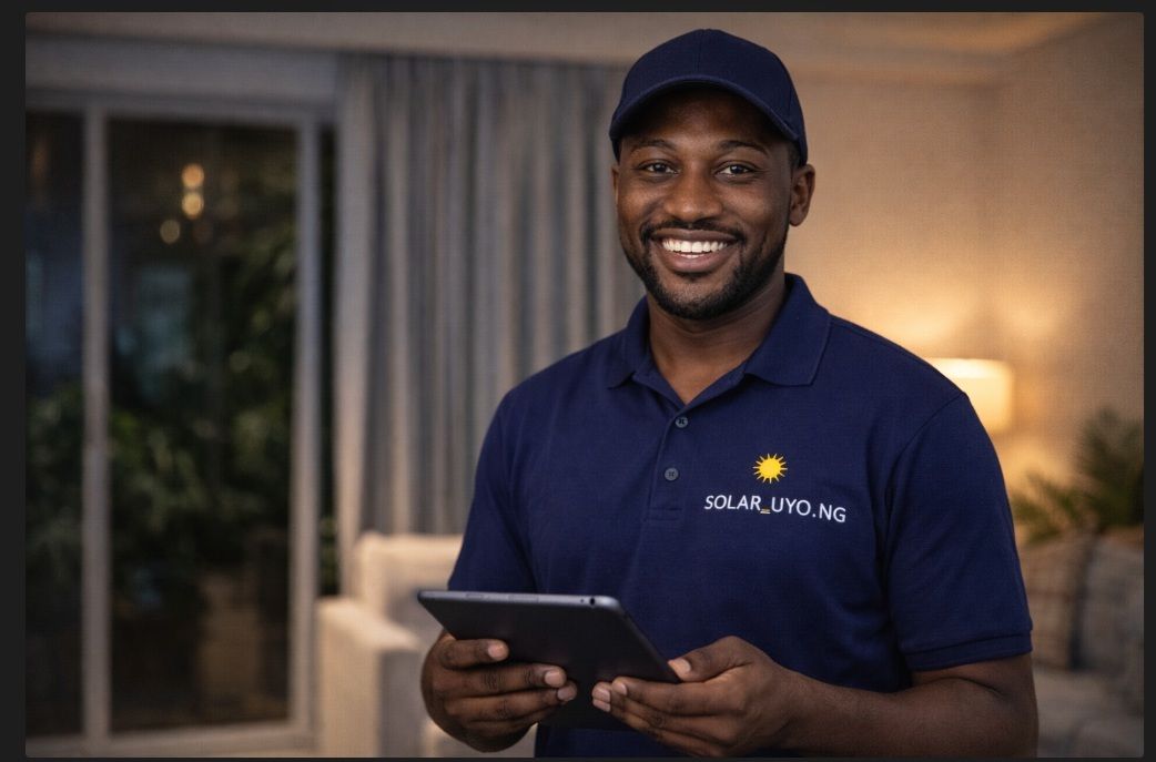 Smiling man in a navy polo and cap holding a tablet in a softly lit living room