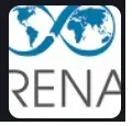 Logo with blue globe icons above the word “RENA” in black text