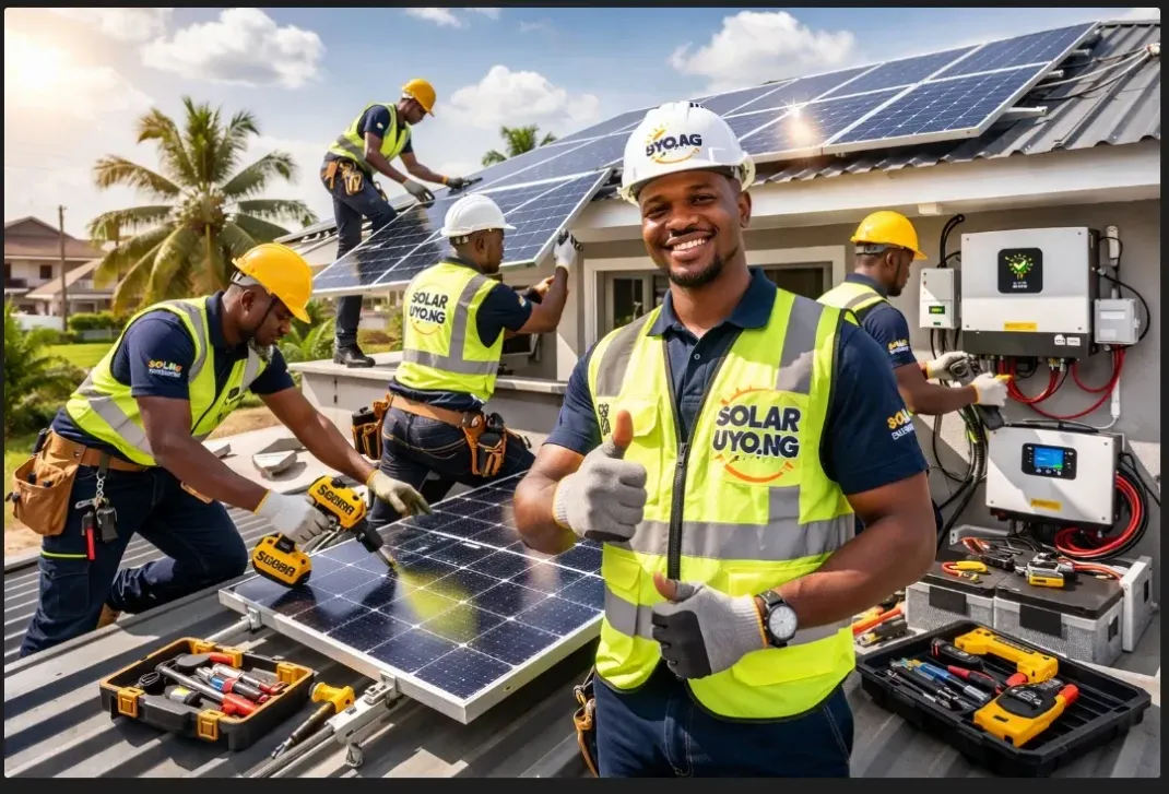 Solar panel installers on a rooftop, one smiling and giving a thumbs-up, with tools and equipment nearby.