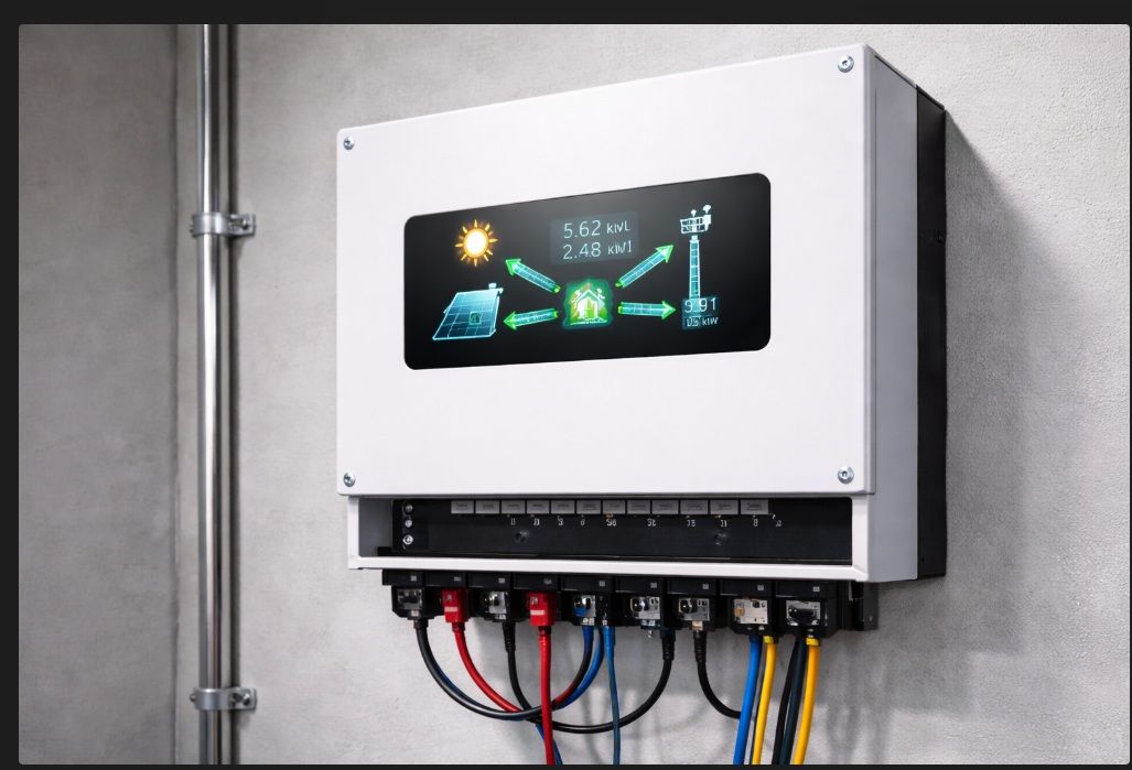 Wall-mounted electrical control box with a small digital display and connected cables in an industrial setting