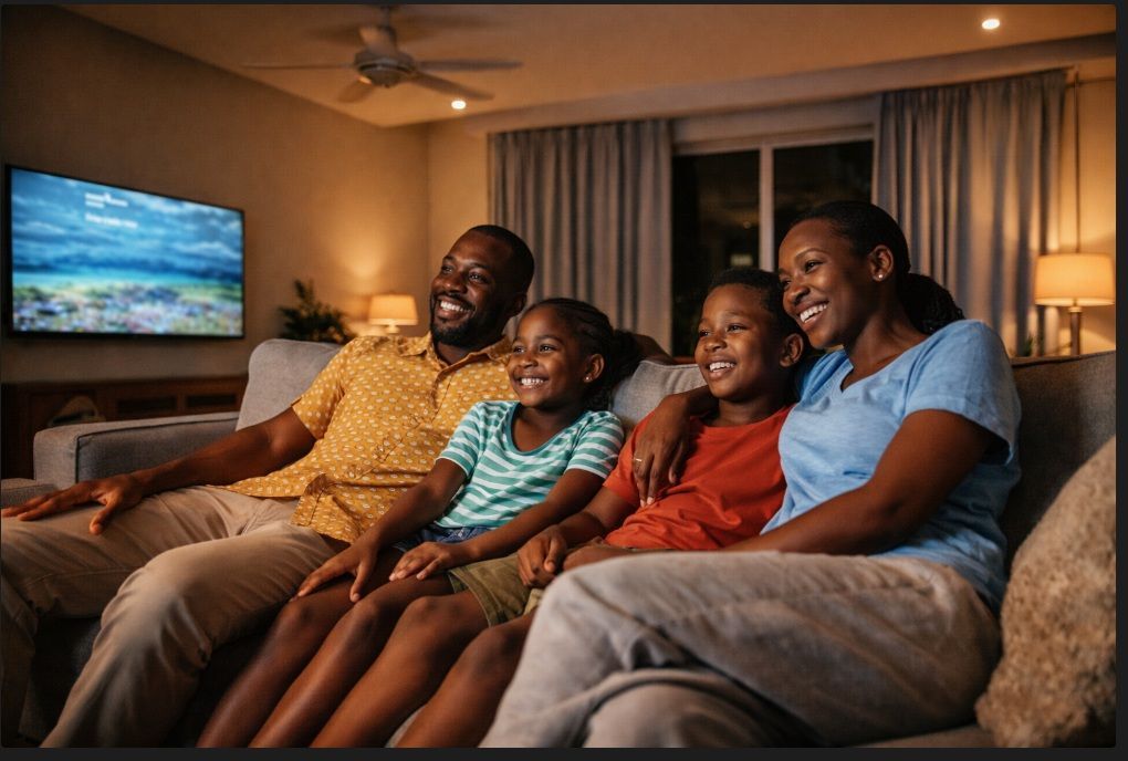 Family sitting on a couch, smiling and watching TV in a cozy living room