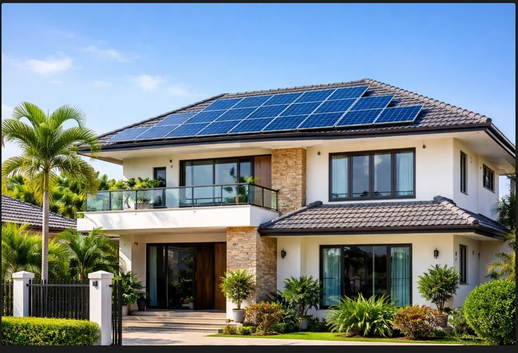 Modern two-story house with solar panels, white exterior, dark roof, and landscaped front yard. solarUyo.ng