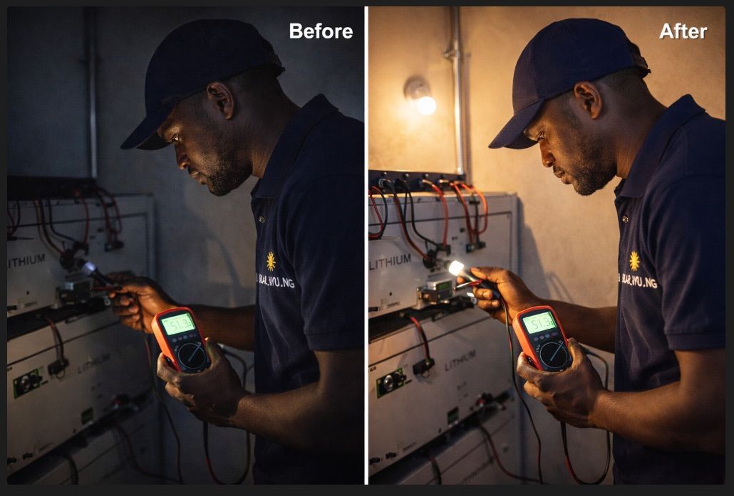 Before-and-after of a technician using a handheld device to inspect electrical wiring in a dim room.