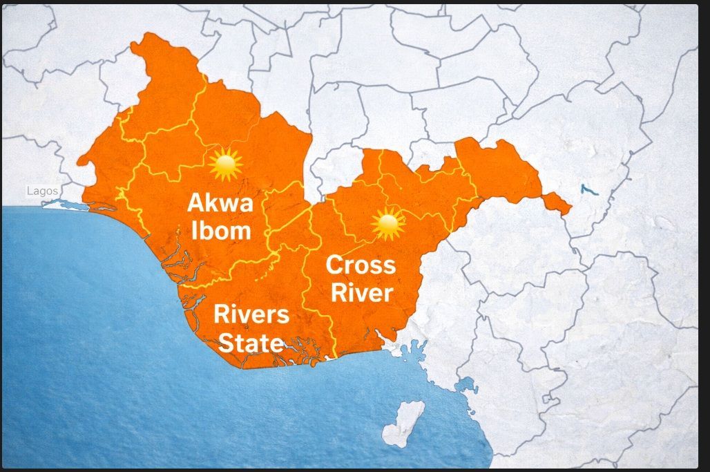 Map of Nigeria highlighting Akwa Ibom, Rivers State, and Cross River in orange on a gray background