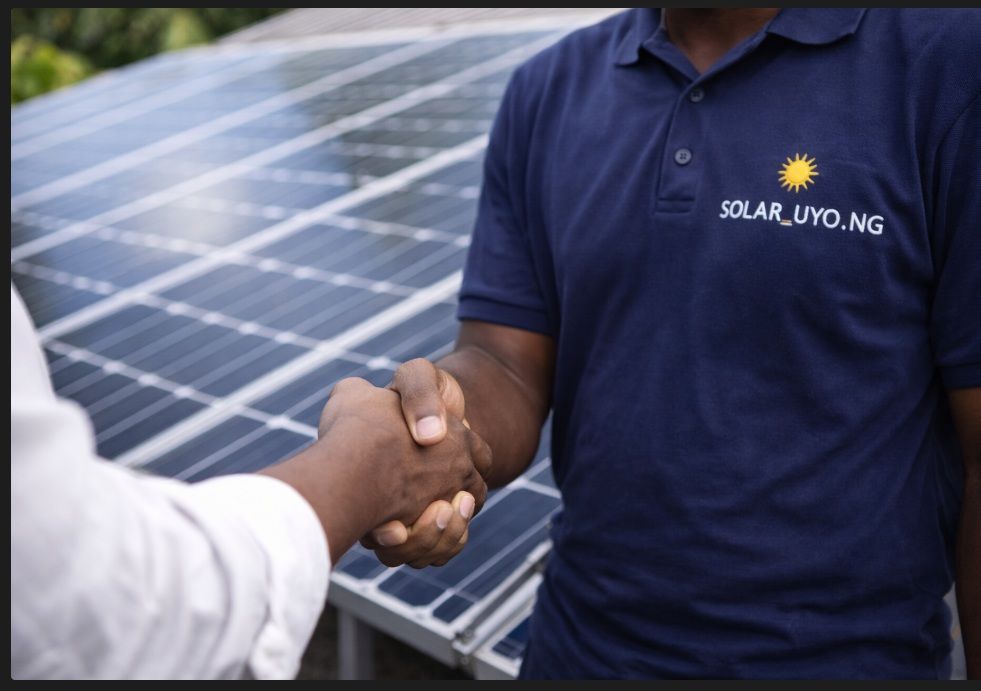 Two people shaking hands beside solar panels, one wearing a navy polo shirt.