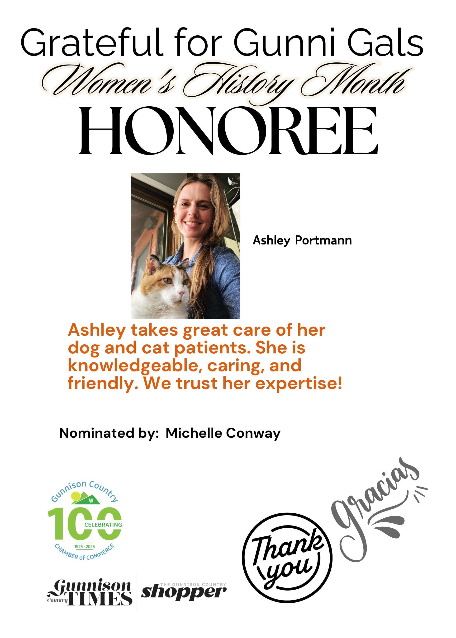 Poster for Women's History Month honoring Ashley Portmann, a vet. Includes photo, text praising her care for animals.