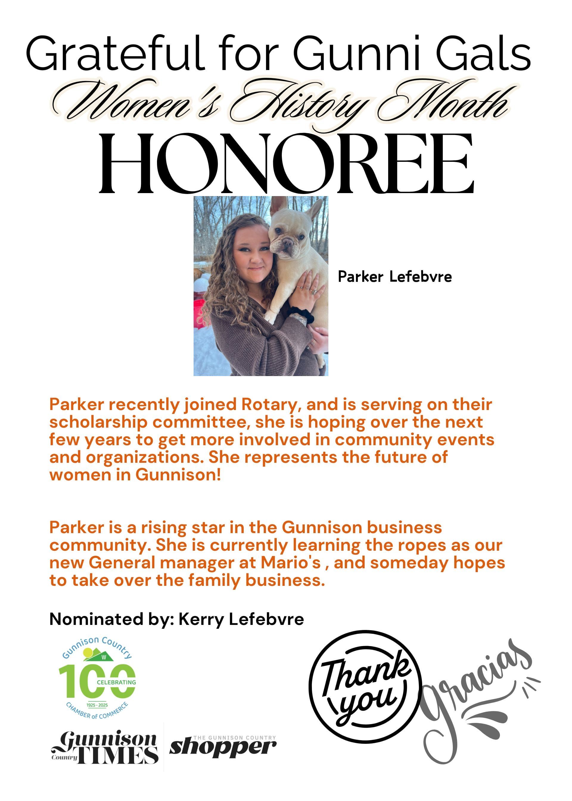 Poster honoring Parker Lafebre for Women's History Month. She's pictured holding a dog and is involved in the community.