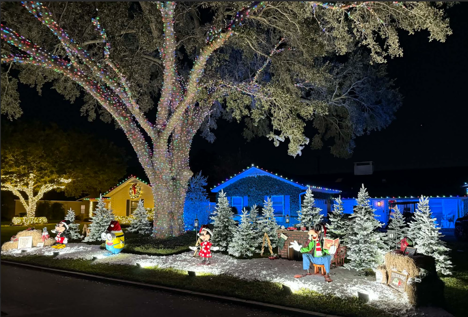 Nighttime Christmas scene with character decorations and snow-covered trees