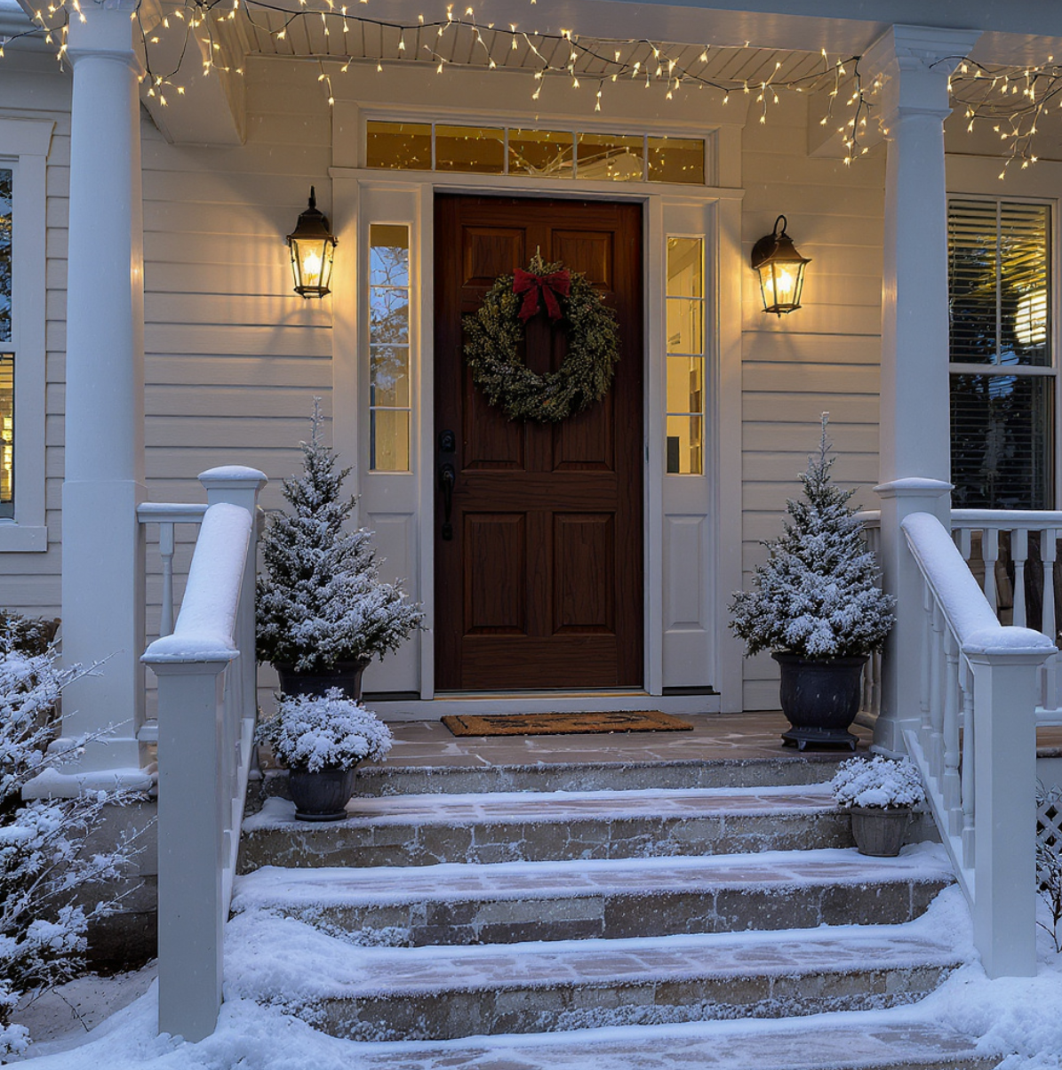 Snow-covered front porch with holiday wreath and lit trees