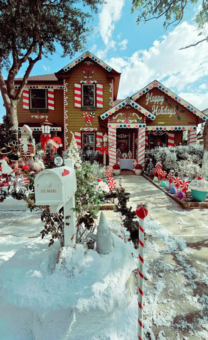 Gingerbread house themed holiday property with snow