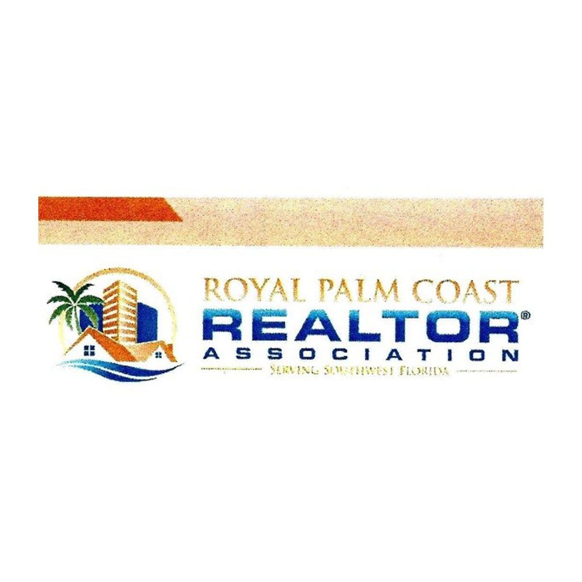 Logo for Royal Palm Coast Realtor Association; buildings, palm tree, waves.