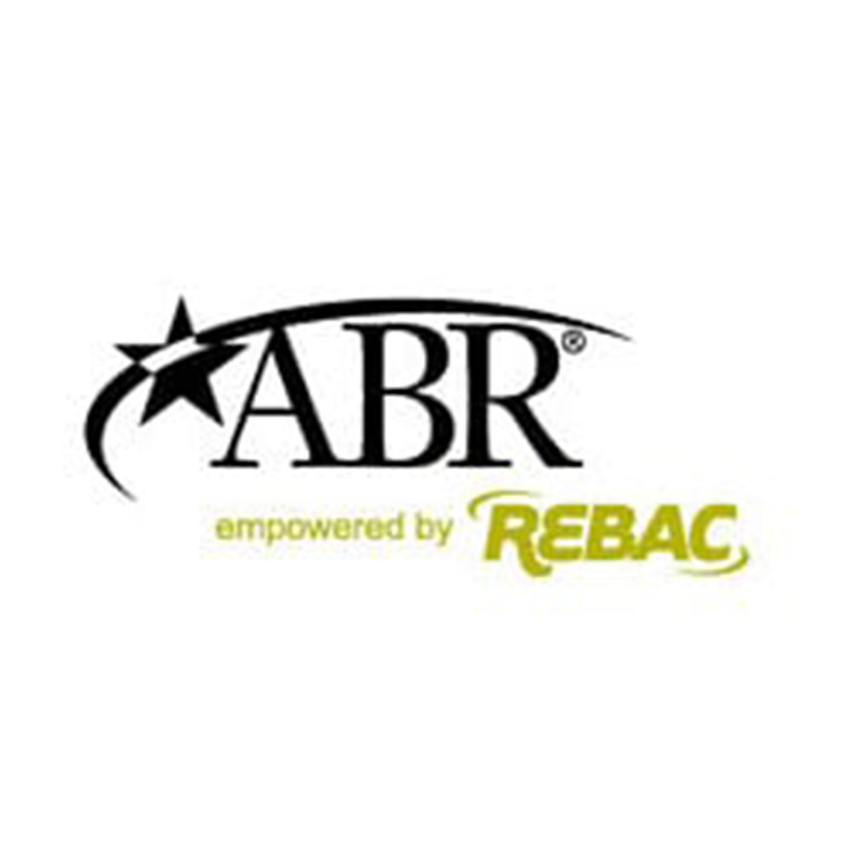 Logo for ABR, empowered by REBAC. Black text with a star graphic on a white background, green and yellow text.