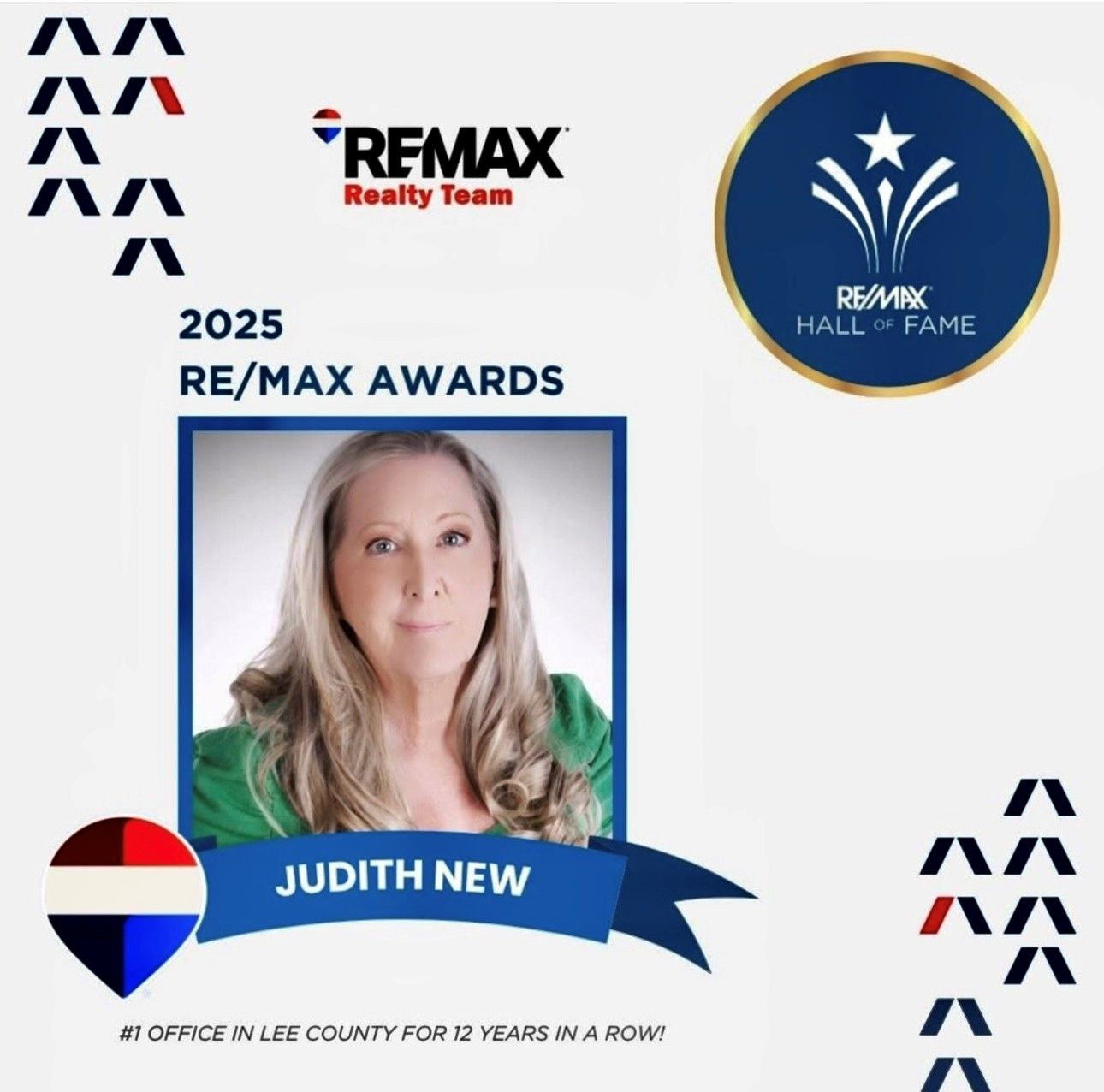 Judith New, Remax agent, Hall of Fame, 2025 award. Blue, white, red branding. Photo: Woman with blonde hair.