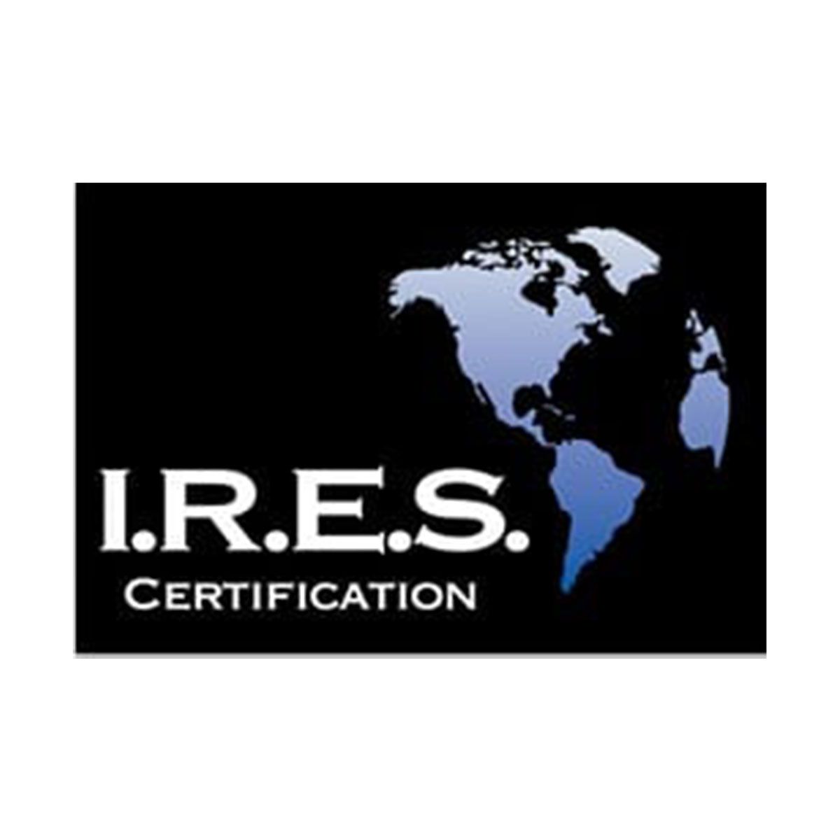 I.R.E.S. certification logo with a blue world map on a black background.