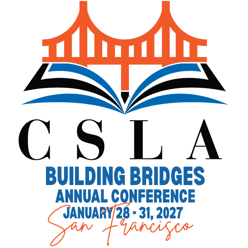 CSLA annual conference logo: open book with California outline, poppies, and text 