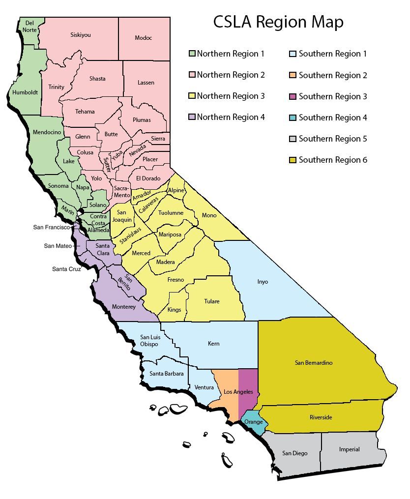 map of California counties color coded by CSLA regions