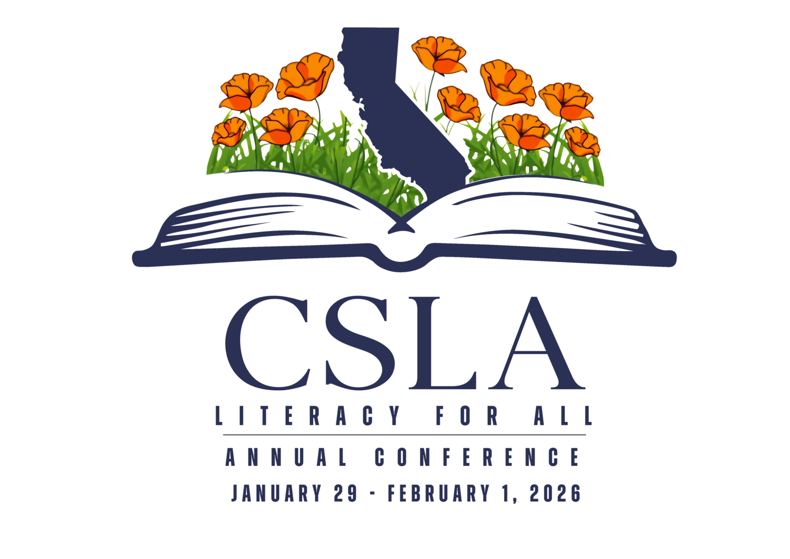 California School Library Association (CSLA) Annual Conference 2026 logo featuring an open book with the state of California and orange California poppy flowers emerging from the pages. Text reads: CSLA Literacy for All Annual Conference, January 29 – February 1, 2026.