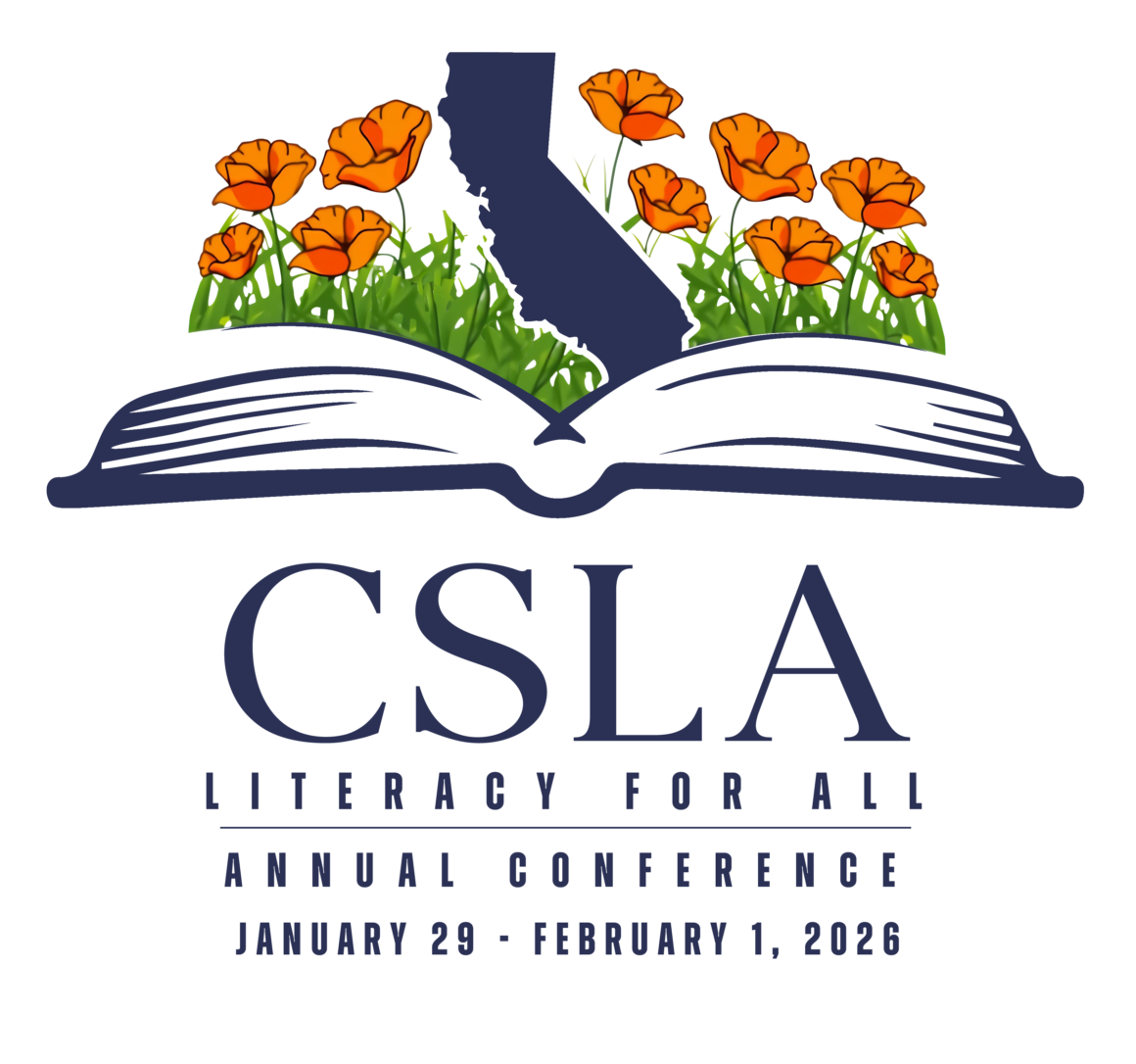 CSLA conference logo: Open book with California outline and orange poppies, 