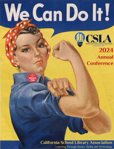 illustration of Rosie the Riveter in blue coveralls and red headband saying 